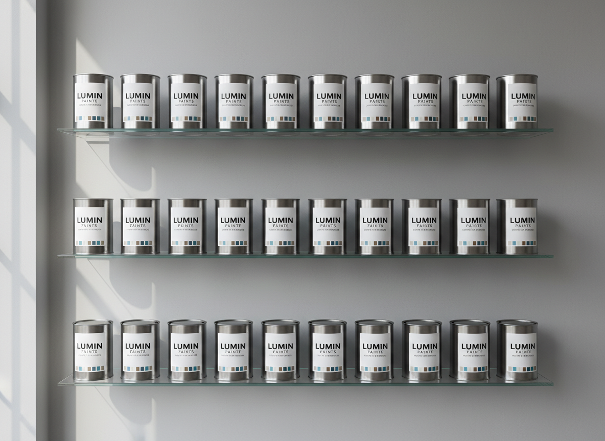 A collection of tall, sleek paint cans with matte-silver finishes and elegant white labels, arranged neatly on glass shelving against a smooth dove-gray wall. The clean lines of both the cans and shelving create a sense of order and sophistication. Soft, diffused daylight floods the scene from a large window out of frame, illuminating the neutral tones and casting subtle, balanced shadows on the surfaces. The mood is polished and professional, reflecting a refined retail setting. Shot at eye level with a sharp focus throughout, the composition uses structured symmetry and photographic realism to reinforce the corporate aesthetic, ideal for showcasing the Lumin Pain brand identity.